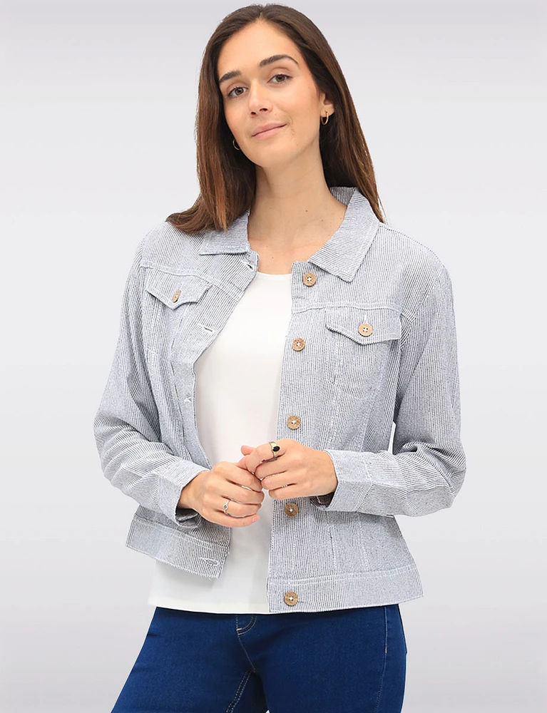 Stylish Striped Linen-Blend Collared Jacket with Chest Pockets by Dash Clothing
