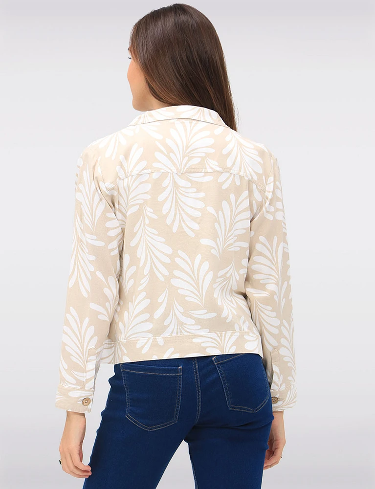 Tan Printed Linen-Blend Cropped Button-Down Jacket with Chest Pockets by Dash