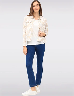 Tan Printed Linen-Blend Cropped Button-Down Jacket with Chest Pockets by Dash