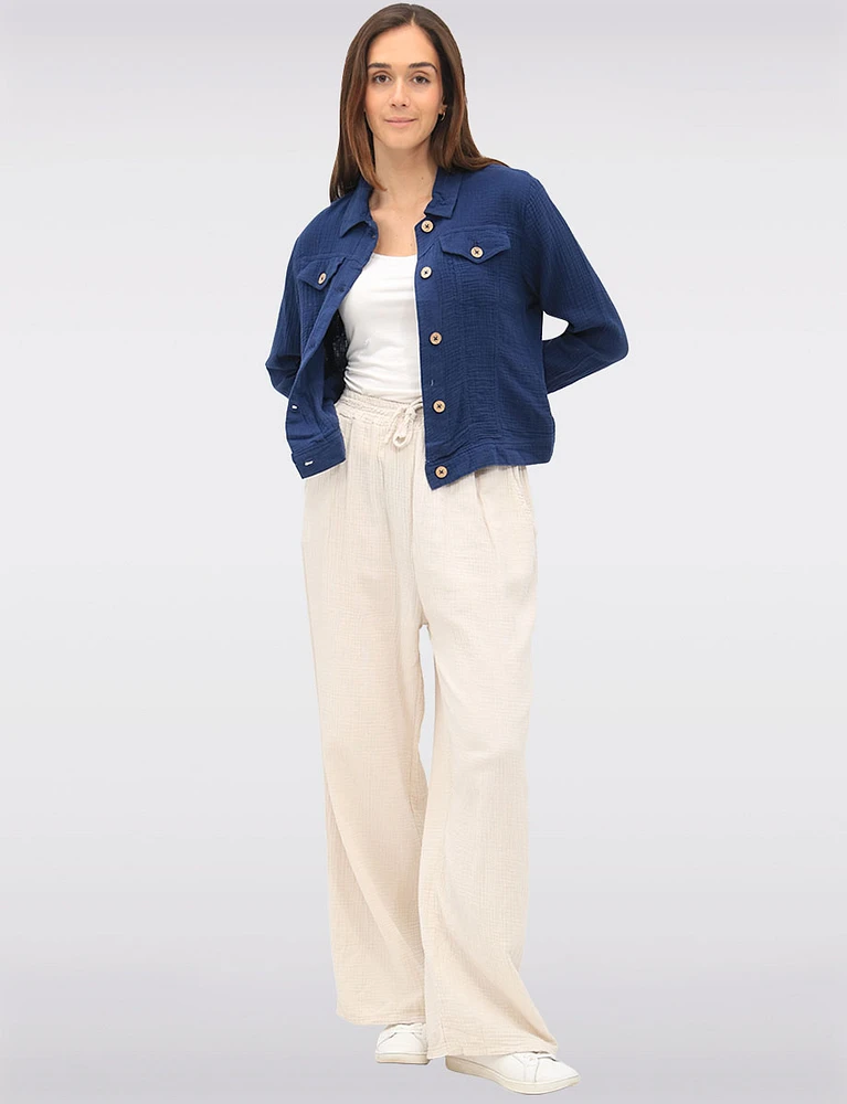 Solid Cotton Double Gauze Cropped Button-Down Jacket with Chest Pockets by Dash