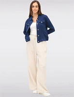 Solid Cotton Double Gauze Cropped Button-Down Jacket with Chest Pockets by Dash
