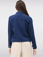 Solid Cotton Double Gauze Cropped Button-Down Jacket with Chest Pockets by Dash