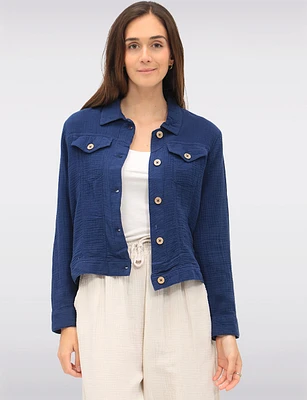 Solid Cotton Double Gauze Cropped Button-Down Jacket with Chest Pockets by Dash
