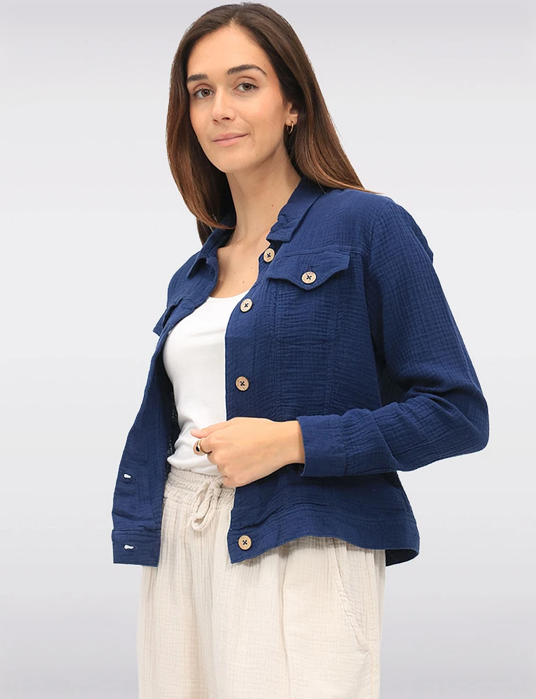 Solid Cotton Double Gauze Cropped Button-Down Jacket with Chest Pockets by Dash