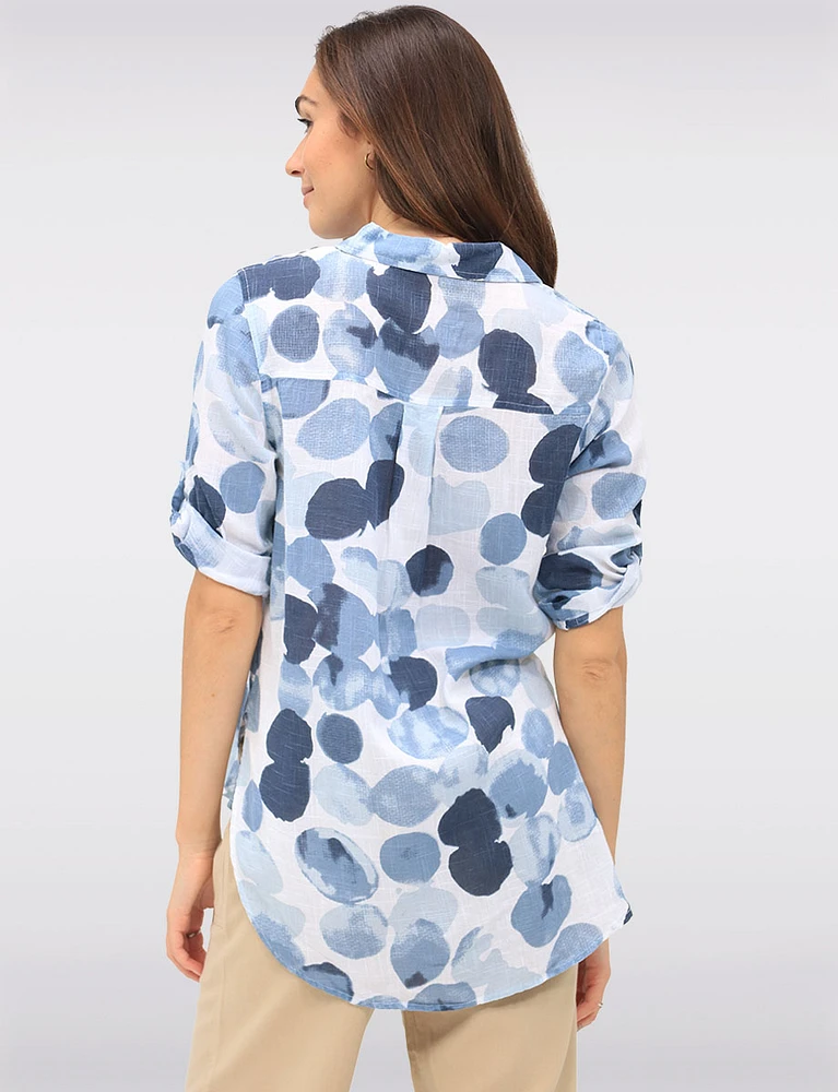 Textured Printed Button-Front Shirt with Three-Quarter Sleeve by Dash Clothing