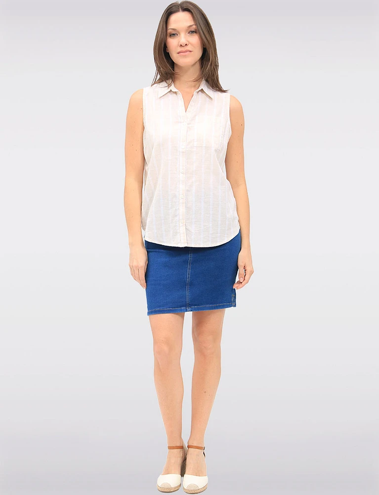 Sleeveless Cotton Collared Striped Button-Up Blouse with Chest Pocket by Dash