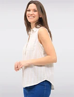 Sleeveless Cotton Collared Striped Button-Up Blouse with Chest Pocket by Dash