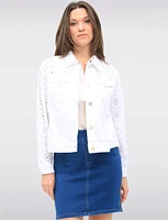 White Cotton Eyelet Denim Cropped Jean Jacket with Chest Pockets by Dash