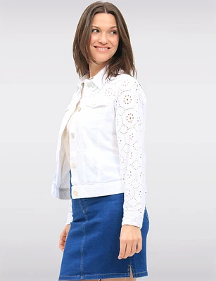 White Cotton Eyelet Denim Cropped Jean Jacket with Chest Pockets by Dash