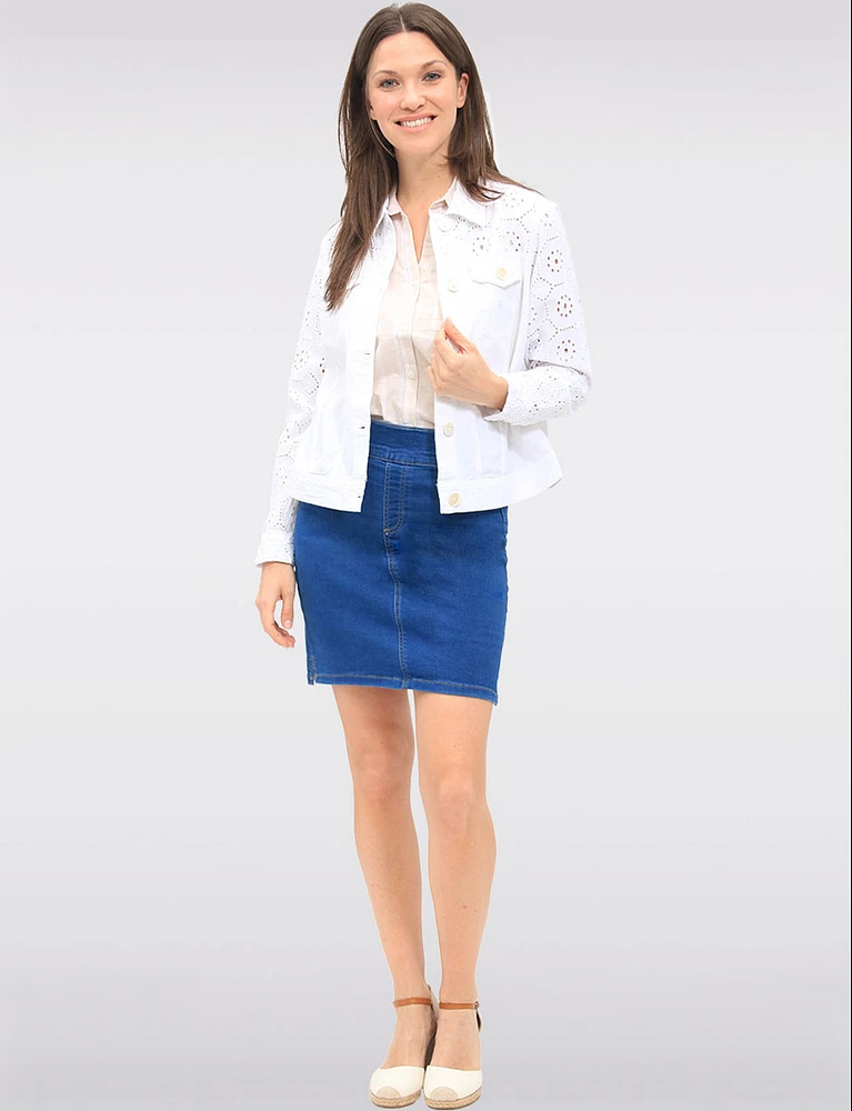White Cotton Eyelet Denim Cropped Jean Jacket with Chest Pockets by Dash