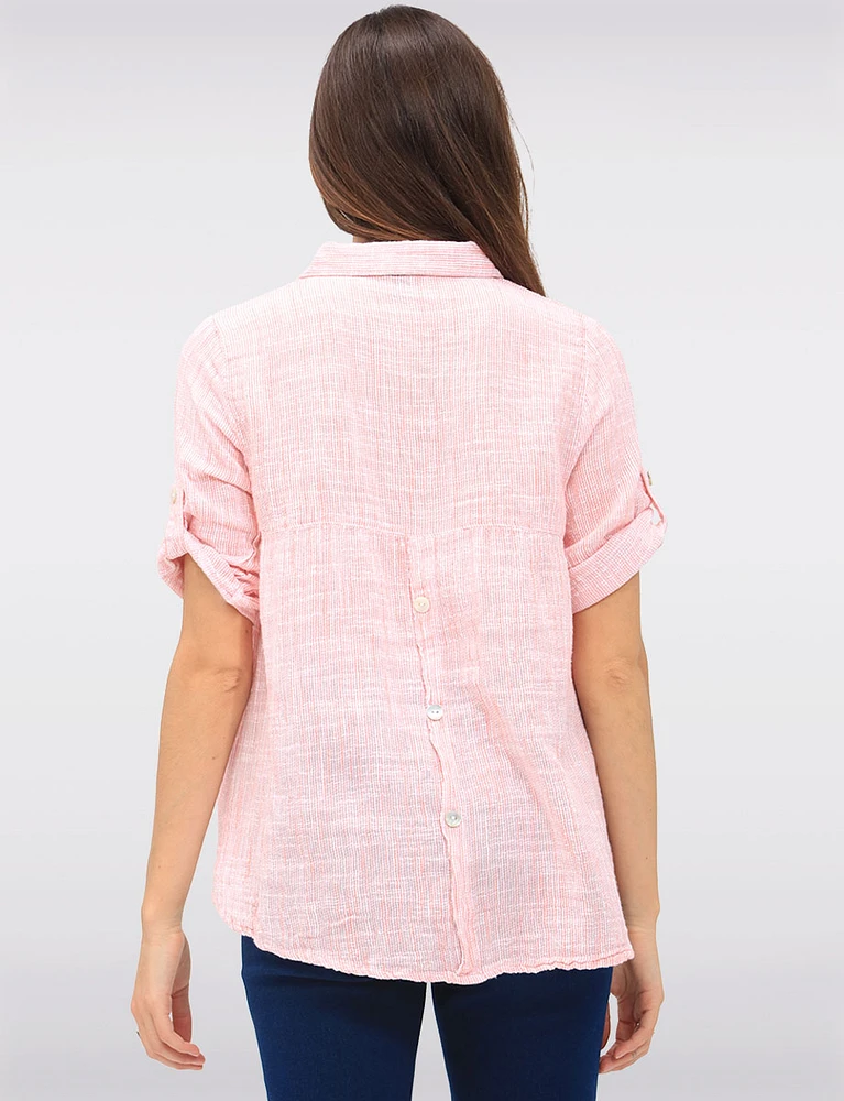Cotton Textured Woven Blouse with Button Front & Adjustable 3/4 Sleeves by Erika