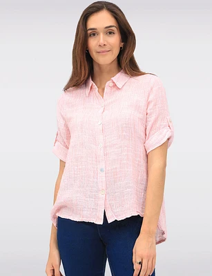 Cotton Textured Woven Blouse with Button Front & Adjustable 3/4 Sleeves by Erika