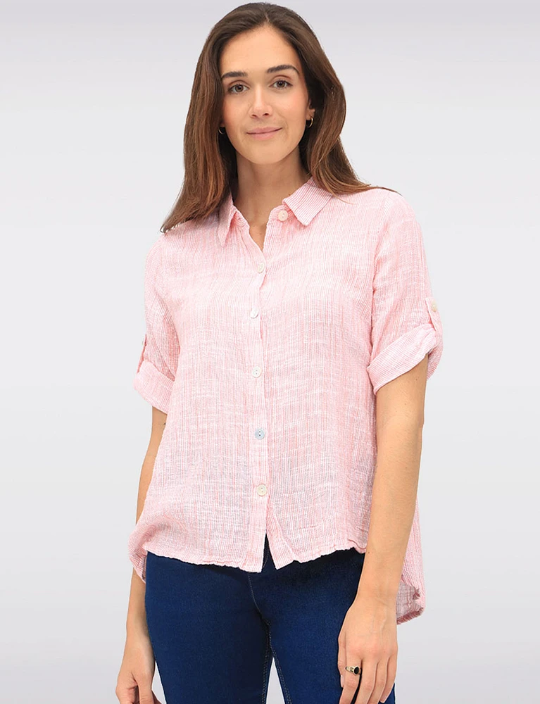 Cotton Textured Woven Blouse with Button Front & Adjustable 3/4 Sleeves by Erika