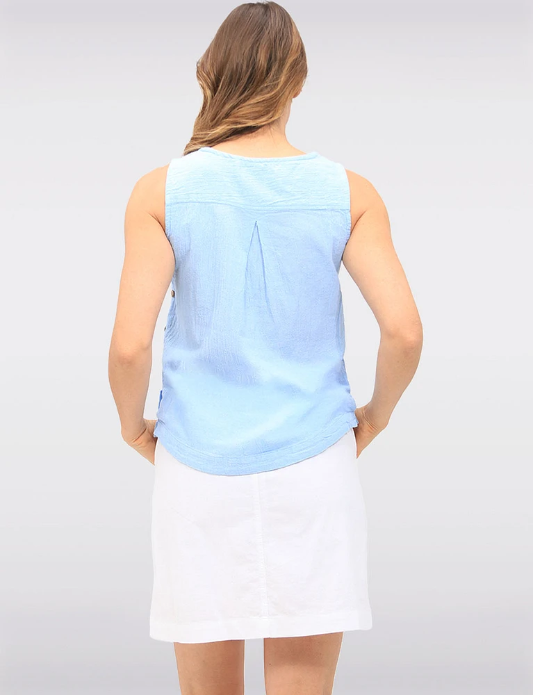 Solid Lightweight Cotton Sleeveless Top with Round Neck & Side Buttons by Erika