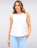 Solid Lightweight Cotton Sleeveless Top with Round Neck & Side Buttons by Erika