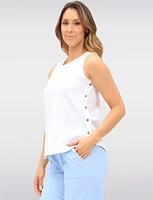 Solid Lightweight Cotton Sleeveless Top with Round Neck & Side Buttons by Erika