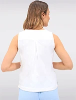 Solid Lightweight Cotton Sleeveless Top with Round Neck & Side Buttons by Erika