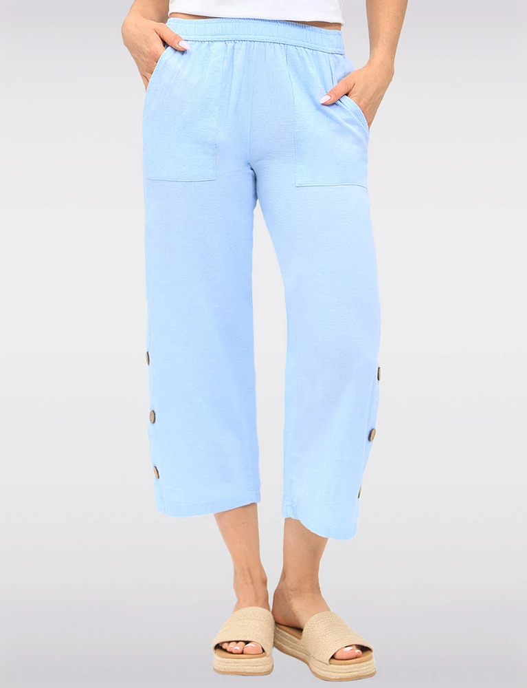 Wide Leg Pull-On Cotton Pants with Pockets & Side Button Accents by Erika