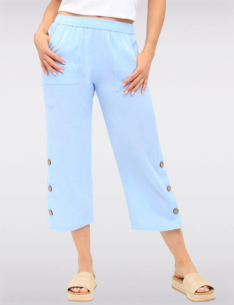 Wide Leg Pull-On Cotton Pants with Pockets & Side Button Accents by Erika