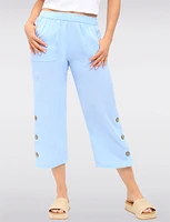 Wide Leg Pull-On Cotton Pants with Pockets & Side Button Accents by Erika