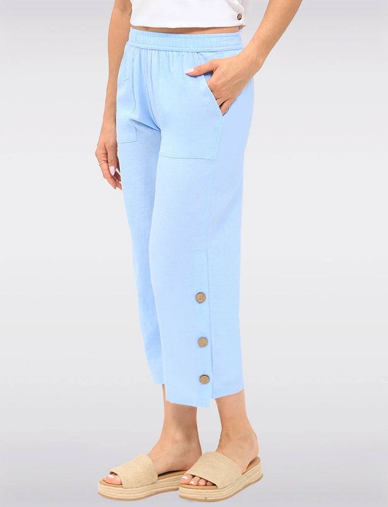 Wide Leg Pull-On Cotton Pants with Pockets & Side Button Accents by Erika