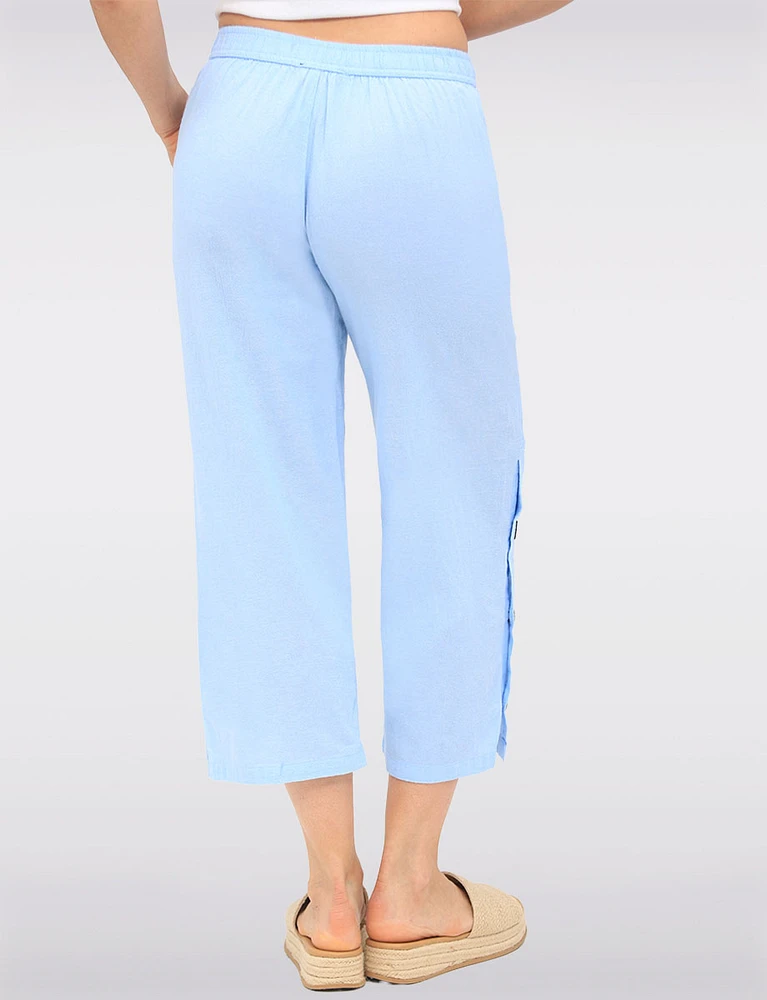 Wide Leg Pull-On Cotton Pants with Pockets & Side Button Accents by Erika