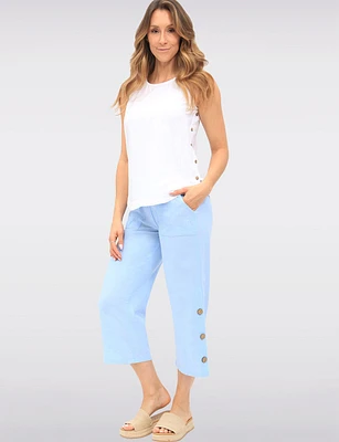 Wide Leg Pull-On Cotton Pants with Pockets & Side Button Accents by Erika