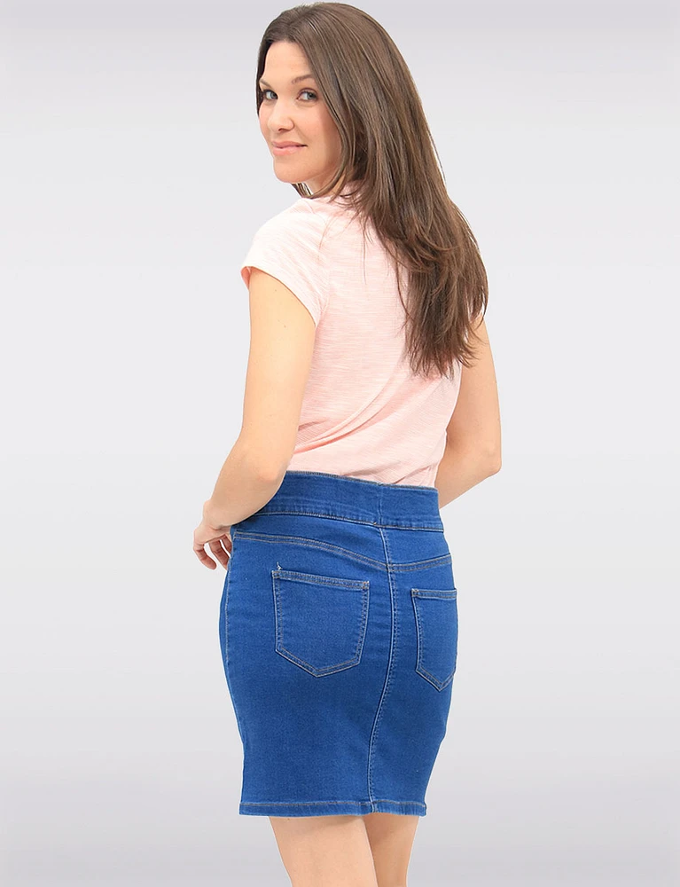 Versatile Slim-Fit Medium Denim Skirt with Built-In Shorts and Pockets by Erika