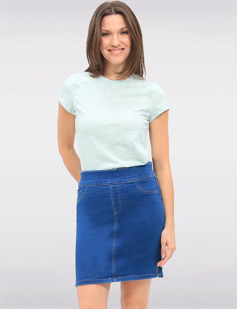 Versatile Slim-Fit Medium Denim Skirt with Built-In Shorts and Pockets by Erika