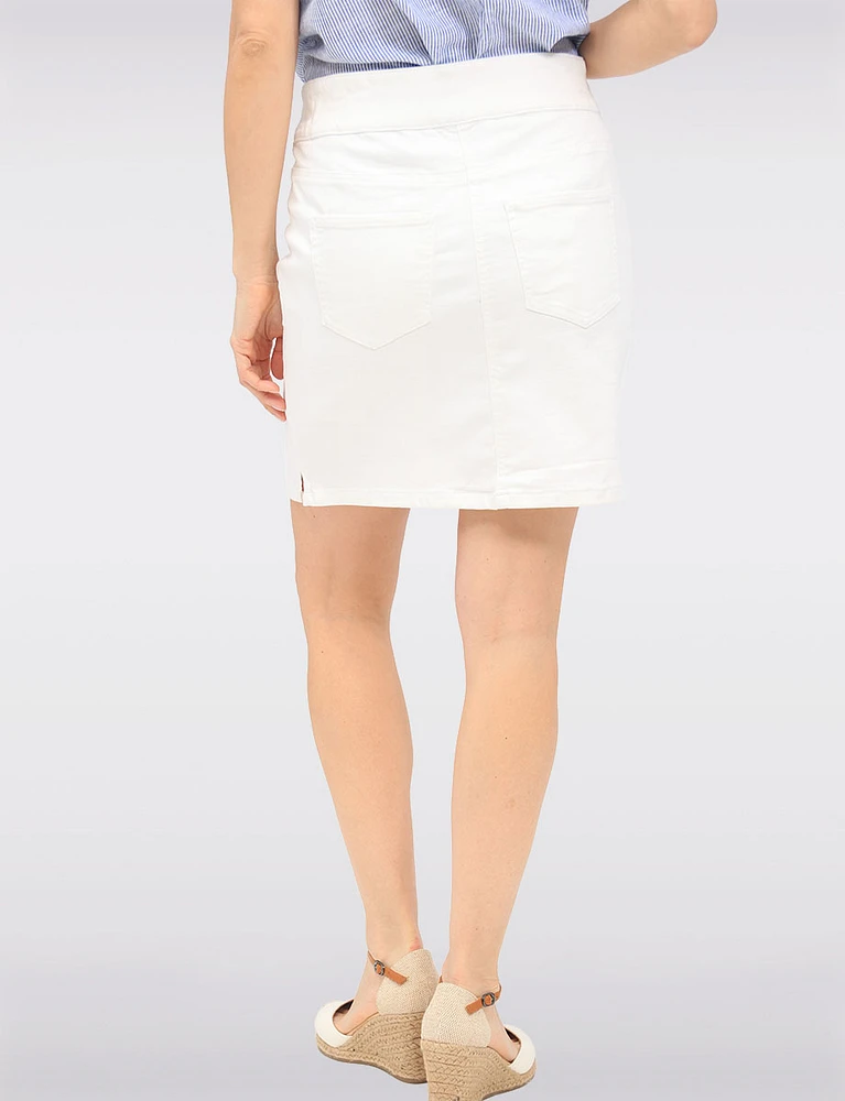 Pull-On White Denim Slim-Fit Skirt with Built-In Shorts and Pockets by Erika