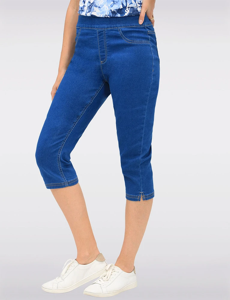 Pull-On Stretch Cotton Denim Capri with Back Pocket & Side Slits by Erika