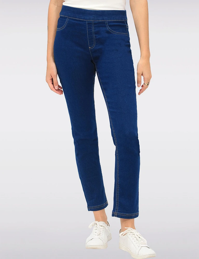 Slim Fit Pull-Up Cotton Stretch Dark Wash Denim Pants with Pockets by Erika