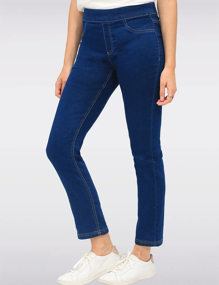 Slim Fit Pull-Up Cotton Stretch Dark Wash Denim Pants with Pockets by Erika