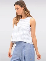 Striped Linen Blend Sleeveless Top with Back Button Details by Julia Paradis