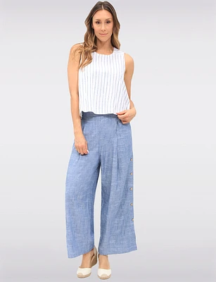 Striped Linen Blend Sleeveless Top with Back Button Details by Julia Paradis