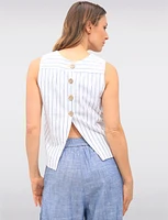 Striped Linen Blend Sleeveless Top with Back Button Details by Julia Paradis