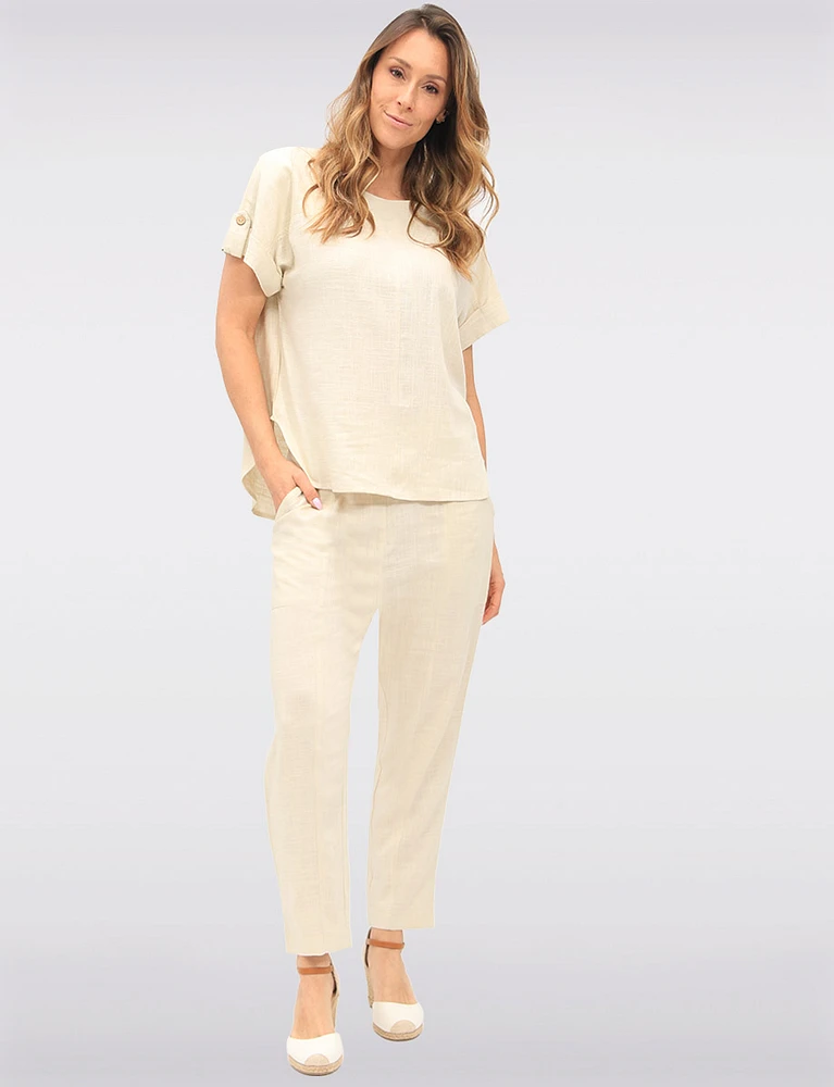 Chic Solid Linen Blend Rolled Cap Sleeve Loose Fit Top by Julia Paradis
