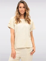 Chic Solid Linen Blend Rolled Cap Sleeve Loose Fit Top by Julia Paradis