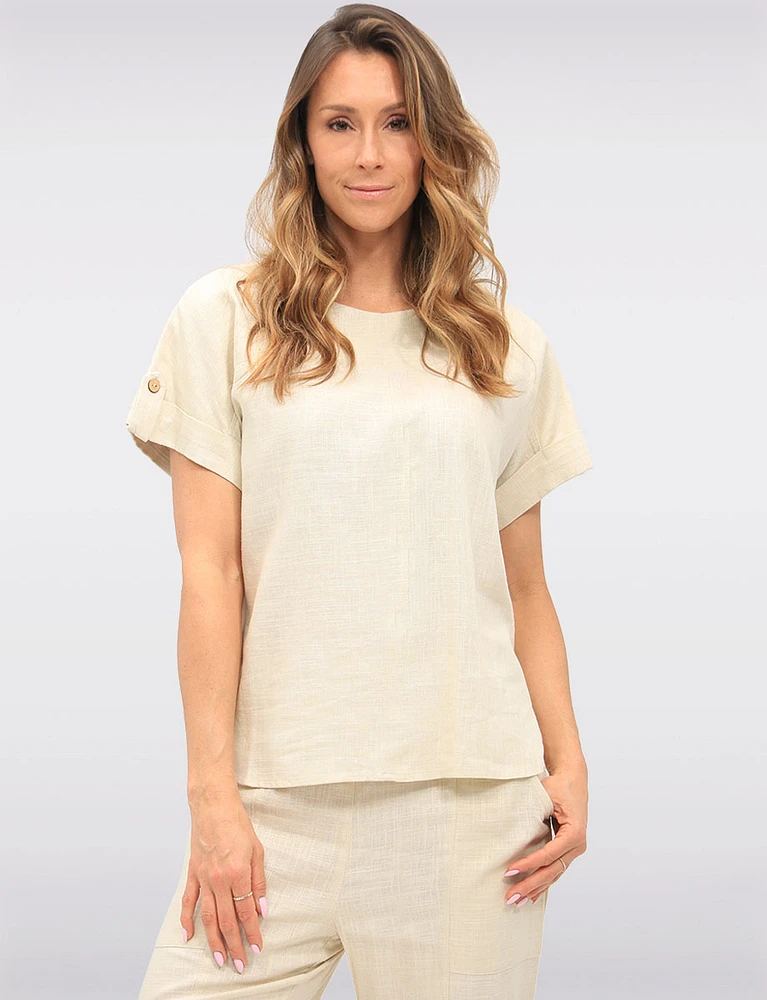 Chic Solid Linen Blend Rolled Cap Sleeve Loose Fit Top by Julia Paradis
