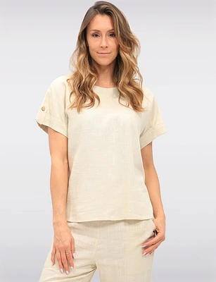 Chic Solid Linen Blend Rolled Cap Sleeve Loose Fit Top by Julia Paradis