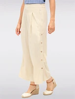 Pull-on Linen Blend Side Button Front Pleats Wide-Leg Pants by Julia Paradis
