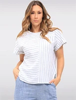 Striped Linen Blend Cap Sleeve Loose Fit Top with Rolled Cuffs by Julia Paradis