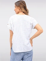 Striped Linen Blend Cap Sleeve Loose Fit Top with Rolled Cuffs by Julia Paradis