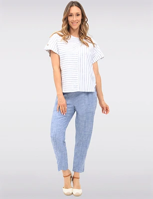 Striped Linen Blend Cap Sleeve Loose Fit Top with Rolled Cuffs by Julia Paradis