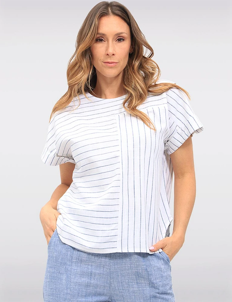 Striped Linen Blend Cap Sleeve Loose Fit Top with Rolled Cuffs by Julia Paradis