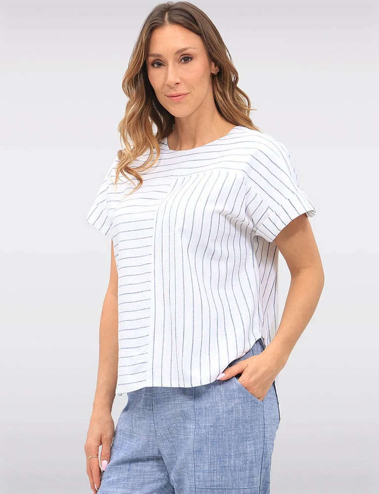 Striped Linen Blend Cap Sleeve Loose Fit Top with Rolled Cuffs by Julia Paradis
