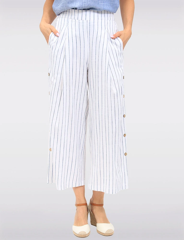 Striped Wide-Leg Pants with Side Button Details & Front Pleats by Julia Paradis