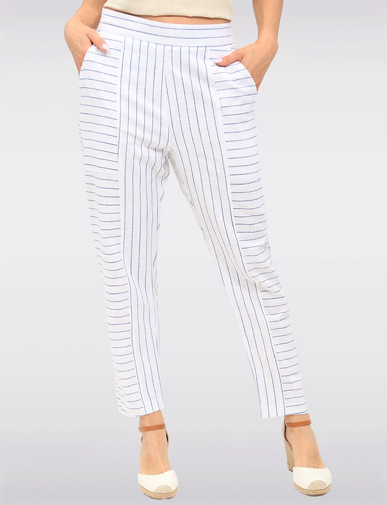 Sleek Striped Pull-On Linen-Blend Barrel Pants with Pockets by Julia Paradis