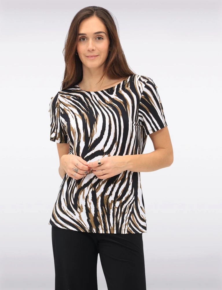 Flowing Draped Silhouette with Wavy Patterned Short Sleeve Top by Amani Couture