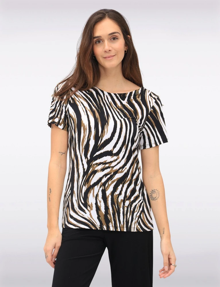 Flowing Draped Silhouette with Wavy Patterned Short Sleeve Top by Amani Couture